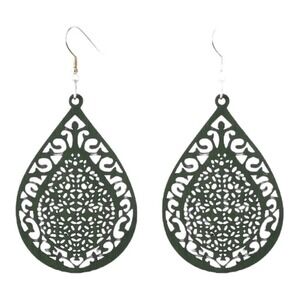 Green Wood Carved pattern droplet shaped Dangle, Earrings retro Ethnic Style
